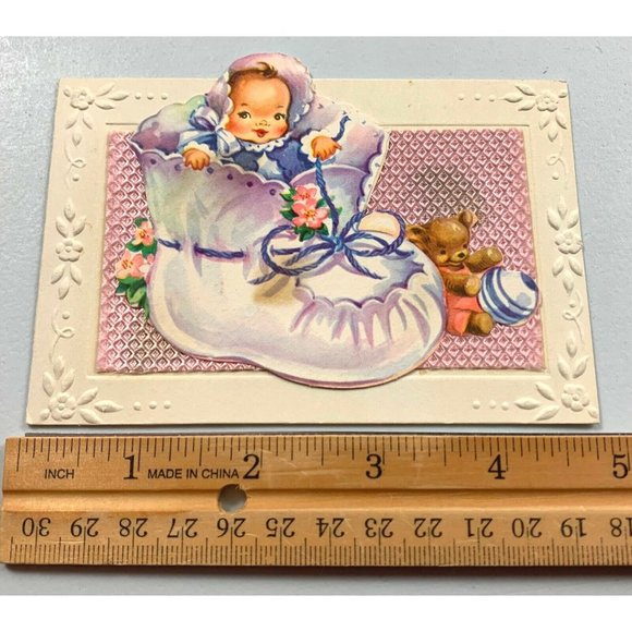Vintage Baby Shower Congratulations Greeting Card Used Embossed Baby Shoe 1950s - Picture 5 of 9